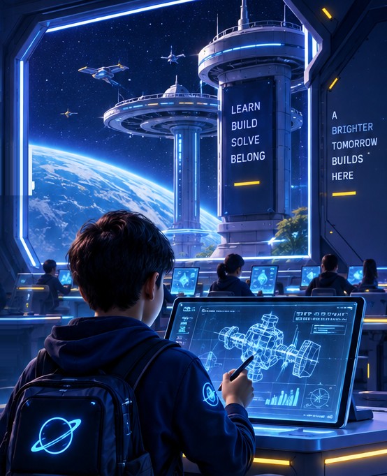 A student in a space-station classroom sketches a satellite blueprint on a glowing tablet, with Earth outside the window
